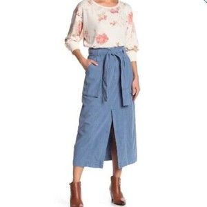 Free People NWT Catching Feelings Belted Midi Skirt Pockets Blueberry Pie 2 New